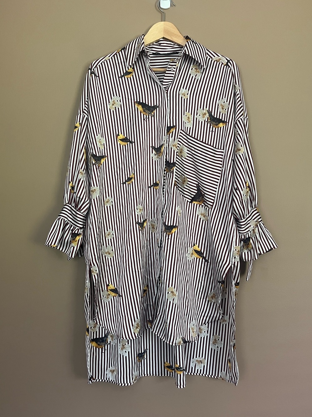 {Zara} Striped Long Sleeve Oversized Tunic or Mini Shirt Dress Floral & Birds